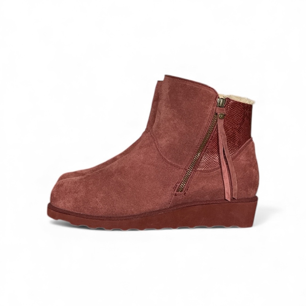 NWT BEARPAW MEGAN BEET SUEDE SHEEPSKIN WEDGE ANKLE BOOTS WATER REPELLENT SIZE 12 - Picture 7 of 15
